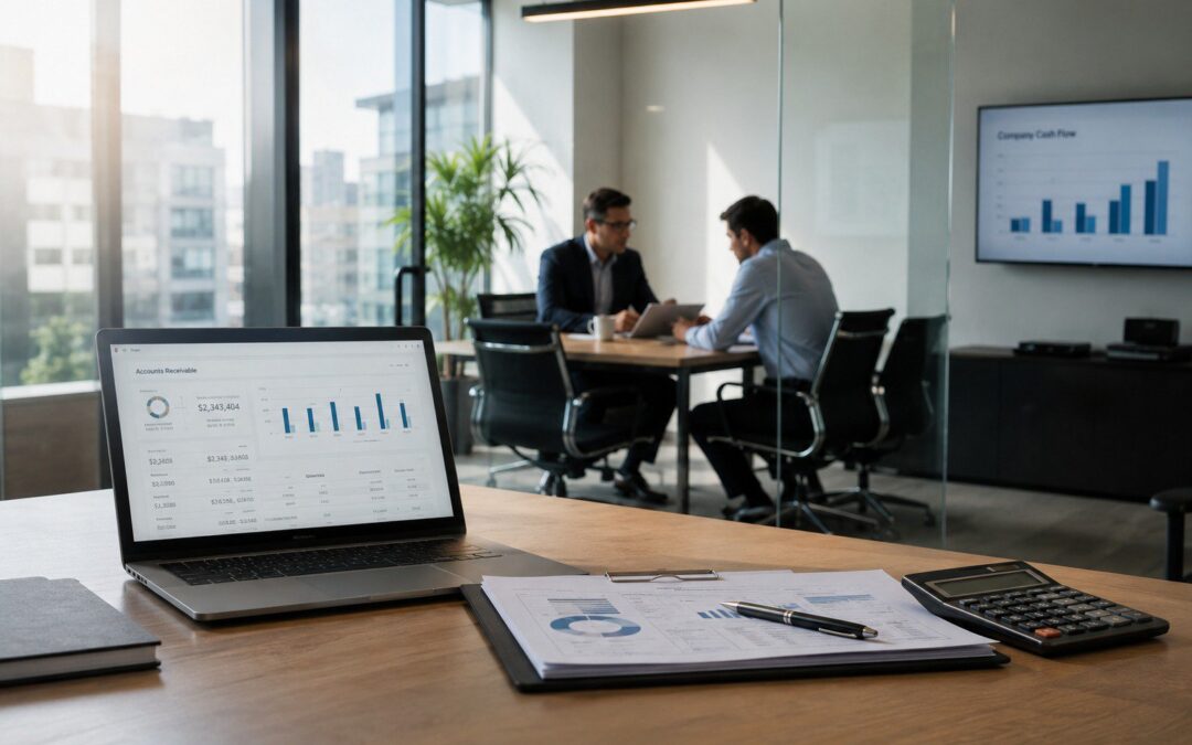Business professionals reviewing accounts receivable financing strategy in a modern corporate office
